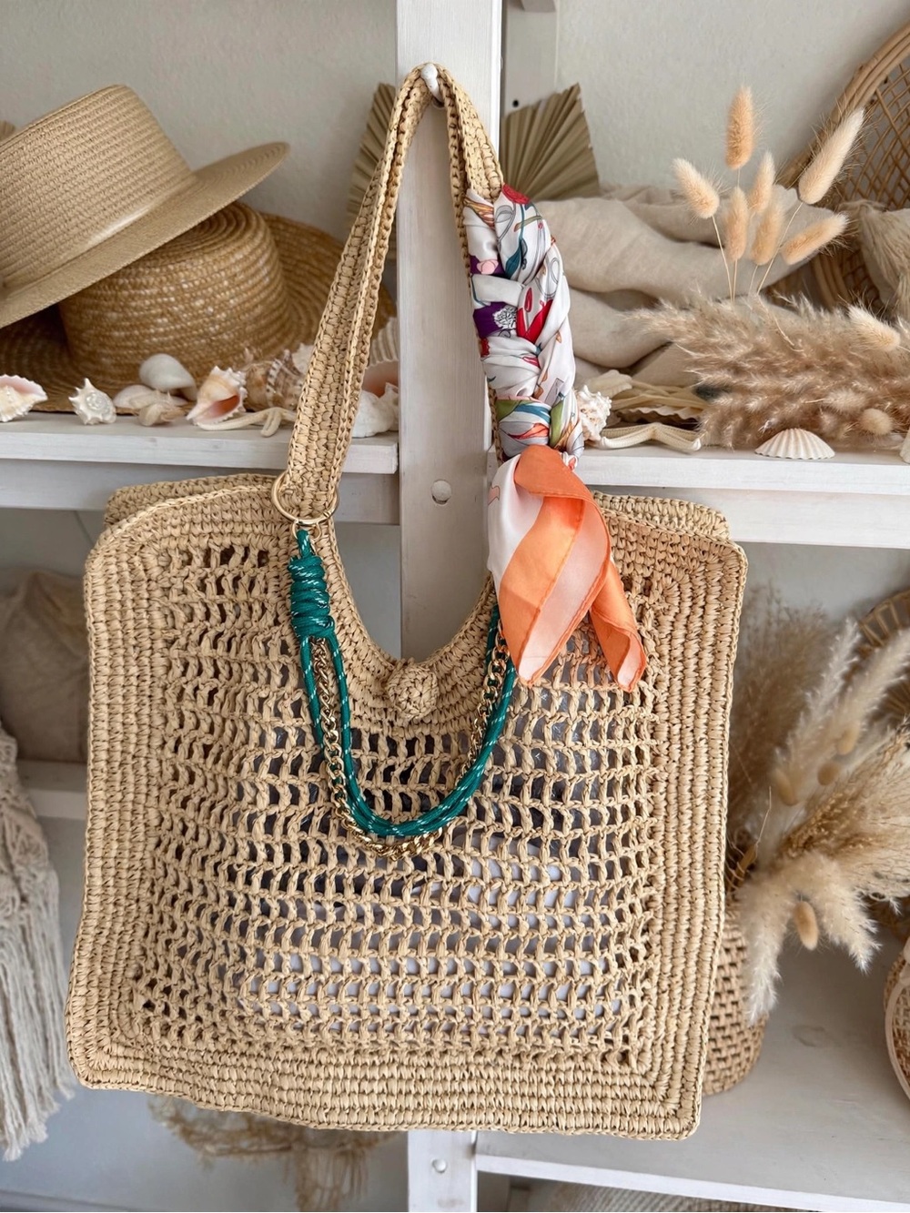 H&M Beige Woven Tote with Teal Rope and Orange Scarf